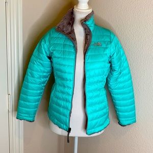 North Face reversible blue puffer & grey jacket